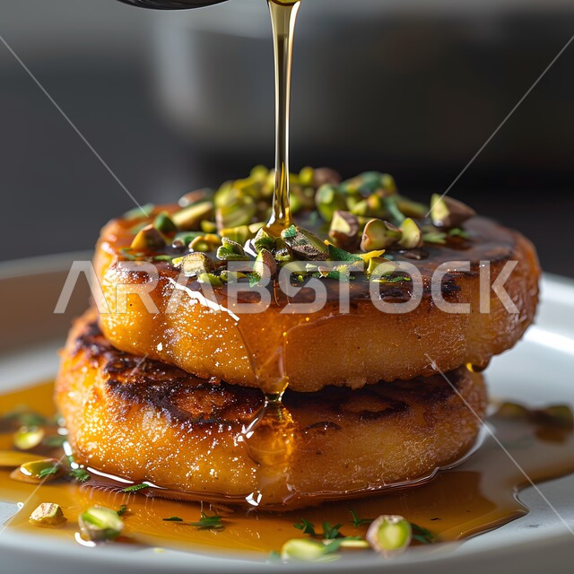 فنون التقديم في مطاعم المملكة العربية السعودية، قطع الحلوى الشهية، وصفات شرقية مشهورة، صورة مقربة لطبق من حلا الكنافة المحشوة بالقشطة والمزينة بالفستق الحلبي، حلويات وسكريات بالقطر