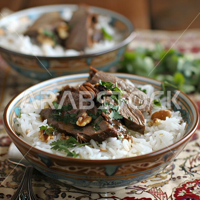 طبق من الأرز الأبيض مع قطع اللحم المشوية والخضار المشوحة اللذيذة, المأكولات الشعبية التقليدية , وصفات الطعام الشهيه , تقديم وجبات الاطعمه الشرقيه