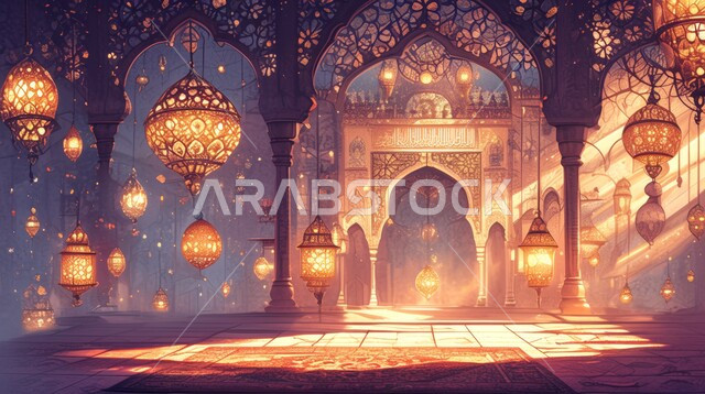 الفرح بقدوم شهر الخير, رسوم توضيحية ثلاثية الابعاد للمآذن والقبب للمساجد الإسلامية، الديكورات والتصاميم الهندسية المميزة لاكسسوارات رمضان المبارك، زينة الاعياد والمناسبات الدينية، العبادة والتقرب إلى الله تعالى
