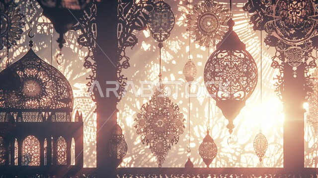 الفرح بقدوم شهر الخير, رسوم توضيحية ثلاثية الابعاد للمآذن والقبب للمساجد الإسلامية، الديكورات والتصاميم الهندسية المميزة لاكسسوارات رمضان المبارك، زينة الاعياد والمناسبات الدينية، العبادة والتقرب إلى الله تعالى