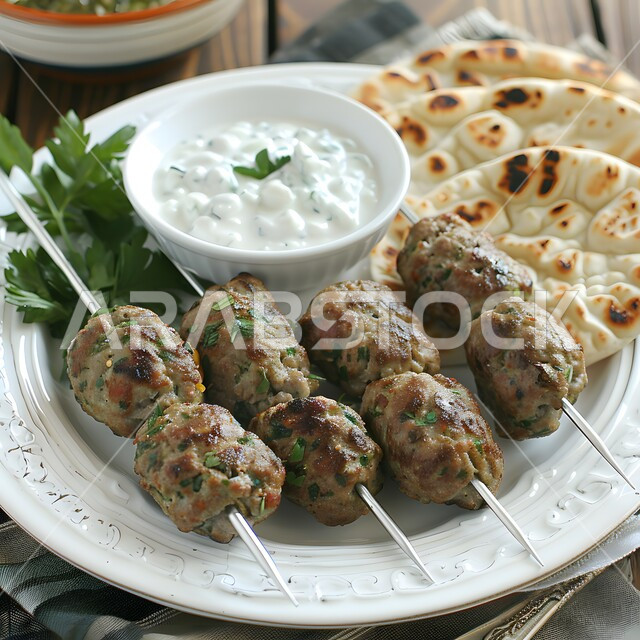 كباب لحم ضأن مشوي مع خبز مسطح وصلصة زبادي كريمي، أسياخ كرات اللحم المتوسطية اللذيذة، وجبة ذات قيمة غذائية عالية، فنون التقديم في مطاعم ومطابخ المملكة العربية السعودية، أطباق من المأكولات العربية التقليدية الشعبية، وصفات طعام شهية صحية لذيذة