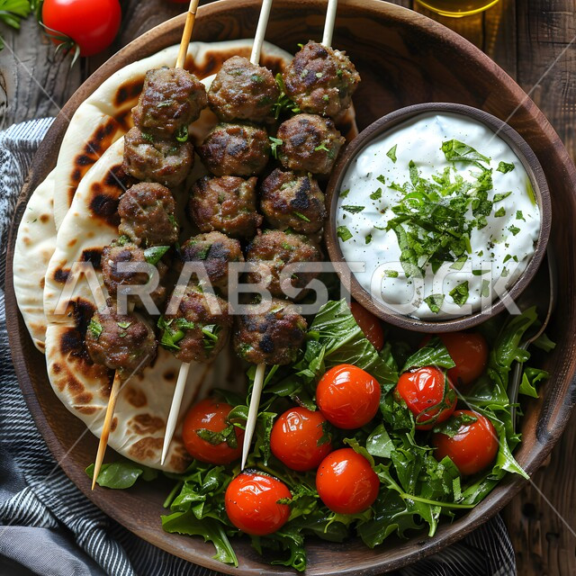 Grilled lamb kebab with flatbread and creamy yogurt sauce, delicious Mediterranean meatball skewers, a highly nutritious meal, the art of presentation in restaurants and kitchens of the Kingdom of Saudi Arabia, dishes from traditional popular Arabic cuisine, delicious healthy food recipes