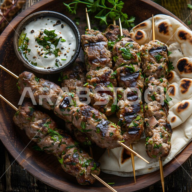 كباب لحم ضأن مشوي مع خبز مسطح وصلصة زبادي كريمي، أسياخ كرات اللحم المتوسطية اللذيذة، وجبة ذات قيمة غذائية عالية، فنون التقديم في مطاعم ومطابخ المملكة العربية السعودية، أطباق من المأكولات العربية التقليدية الشعبية، وصفات طعام شهية صحية لذيذة