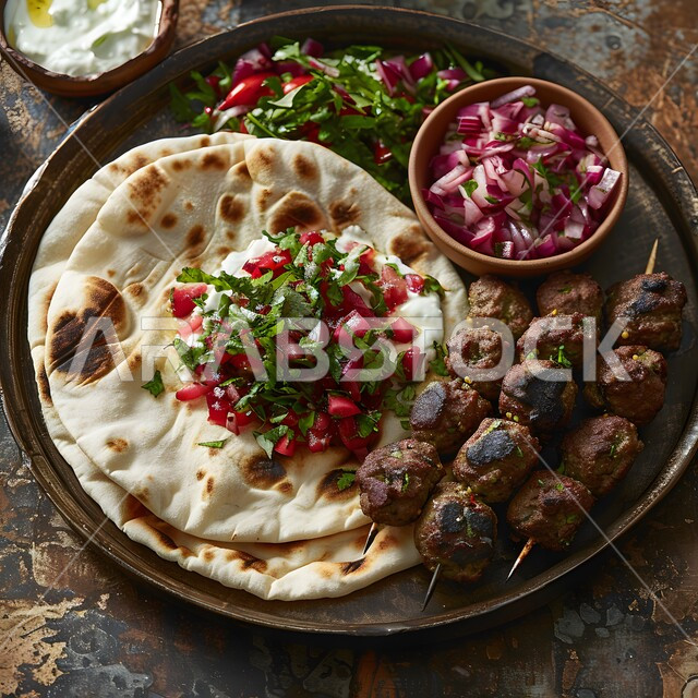 Grilled lamb kebab with flatbread and creamy yogurt sauce, delicious Mediterranean meatball skewers, a highly nutritious meal, the art of presentation in restaurants and kitchens of the Kingdom of Saudi Arabia, dishes from traditional popular Arabic cuisine, delicious healthy food recipes