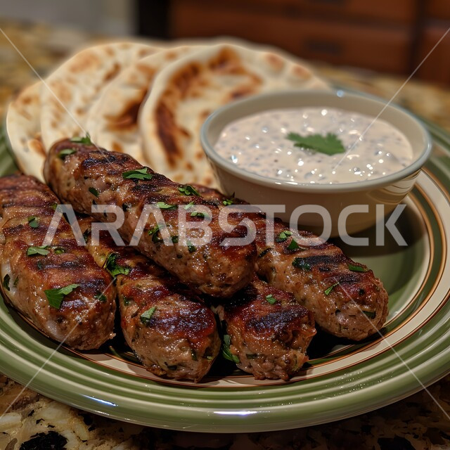 كباب لحم ضأن مشوي مع خبز مسطح وصلصة زبادي كريمي، أسياخ كرات اللحم المتوسطية اللذيذة، وجبة ذات قيمة غذائية عالية، فنون التقديم في مطاعم ومطابخ المملكة العربية السعودية، أطباق من المأكولات العربية التقليدية الشعبية، وصفات طعام شهية صحية لذيذة