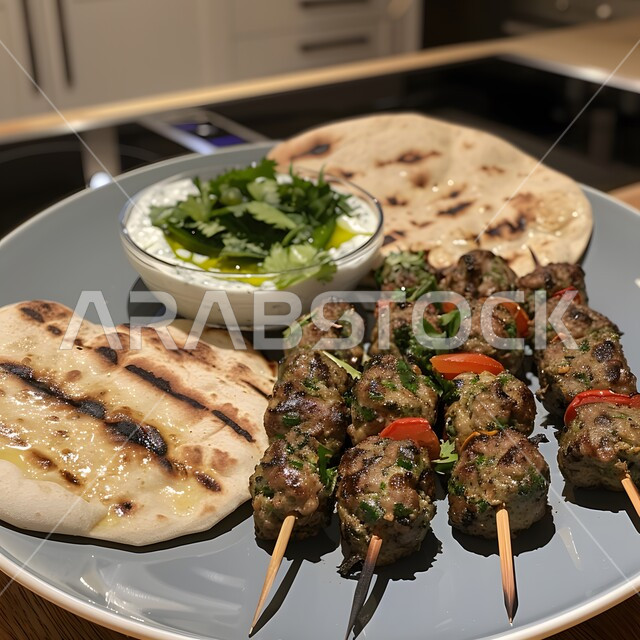 كباب لحم ضأن مشوي مع خبز مسطح وصلصة زبادي كريمي، أسياخ كرات اللحم المتوسطية اللذيذة، وجبة ذات قيمة غذائية عالية، فنون التقديم في مطاعم ومطابخ المملكة العربية السعودية، أطباق من المأكولات العربية التقليدية الشعبية، وصفات طعام شهية صحية لذيذة