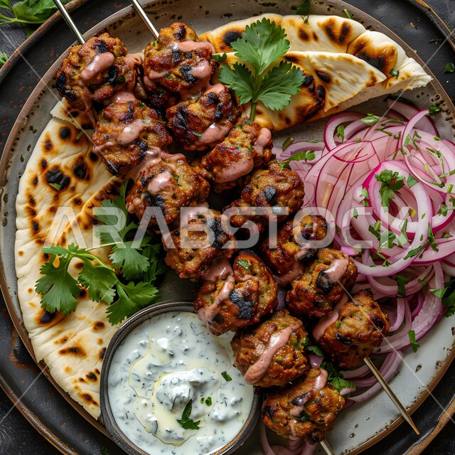 Grilled lamb kebab with flatbread and creamy yogurt sauce, delicious Mediterranean meatball skewers, a highly nutritious meal, the art of presentation in restaurants and kitchens of the Kingdom of Saudi Arabia, dishes from traditional popular Arabic cuisine, delicious healthy food recipes