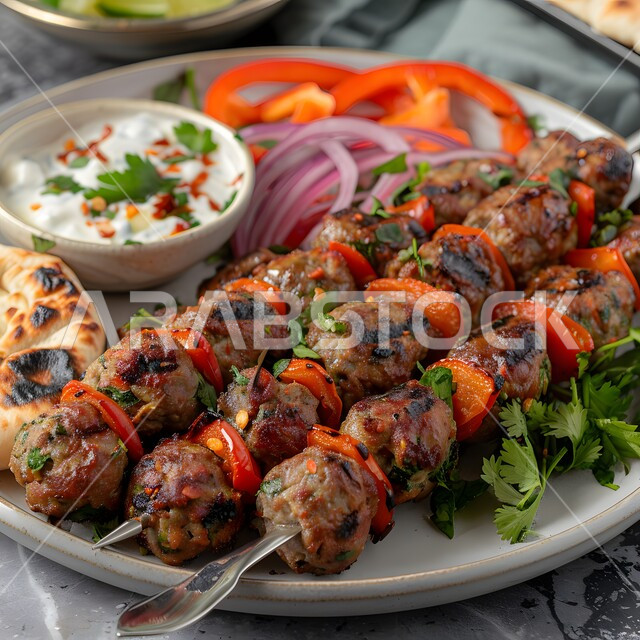 كباب لحم ضأن مشوي مع خبز مسطح وصلصة زبادي كريمي، أسياخ كرات اللحم المتوسطية اللذيذة، وجبة ذات قيمة غذائية عالية، فنون التقديم في مطاعم ومطابخ المملكة العربية السعودية، أطباق من المأكولات العربية التقليدية الشعبية، وصفات طعام شهية صحية لذيذة