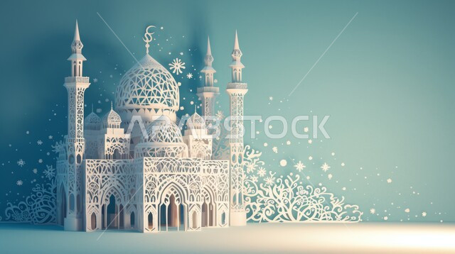 مجسم توضيحي ثلاثي الأبعاد لمسجد، تصاميم على الطراز العربي الإسلامي، الفن الهندسي المعماري للمساجد, رموز وأيقونات دينية إسلامية، العبادة والتقرب إلى الله تعالى, خلفية زرقاء