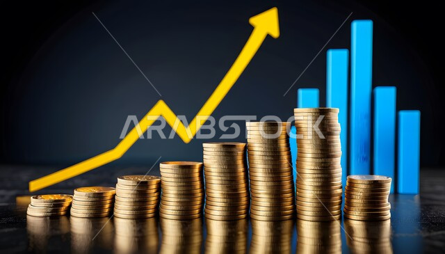 Successful investments and financing of projects and businesses, rising global stock exchange shares, investment and interest returns, close-up image of a coin stacked on top of each other, saving and saving money, the concept of economic growth and financial profits
