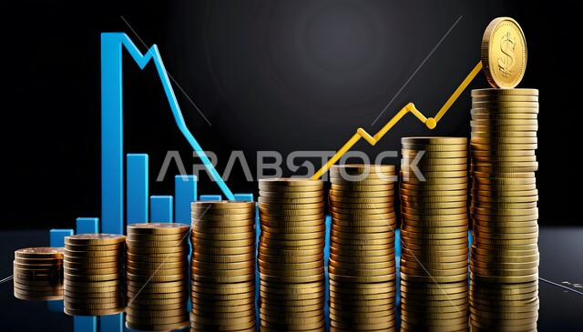 تراجع اسواق البورصة, نمو الاستثمار وتمويل المشاريع والأعمال, الاستثمار والفوائد العائدة، صورة مقربة لعملة معدنية فوق بعضها, التوفير وادخار الأموال, مفهوم النمو الاقتصادي والارباح المالية
