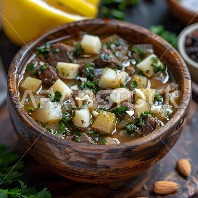 طاجن لحم بالخضروات المتنوعة والتوابل والأعشاب الطازجة، أكلات عربية تقليدية شعبية, وجبات الأطعمة الصحية الشهية، مطاعم للمأكولات الشرقية في السعودية, وصفات وأطباق طعام لذيذة غنية بالنكهات