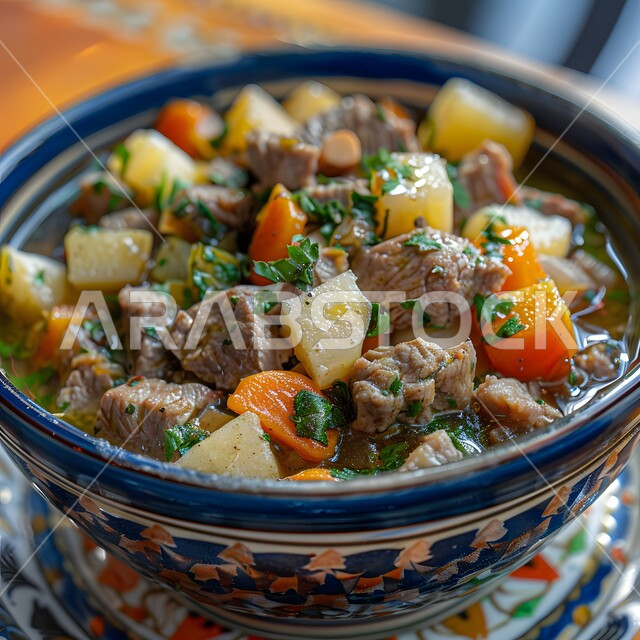 طاجن لحم بالخضروات المتنوعة والتوابل والأعشاب الطازجة، أكلات عربية تقليدية شعبية, وجبات الأطعمة الصحية الشهية، مطاعم للمأكولات الشرقية في السعودية, وصفات وأطباق طعام لذيذة غنية بالنكهات