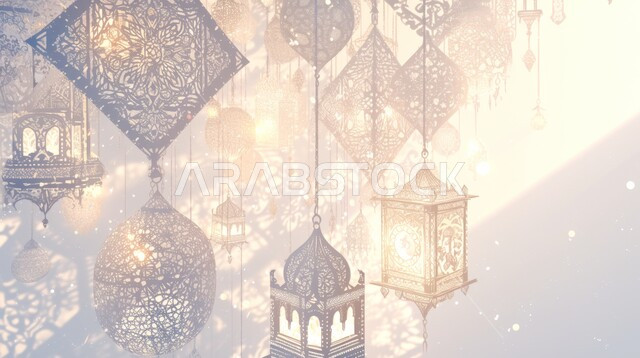 الأنوار والتحف والديكورات الاسلامية التقليدية، فوانيس عربية تقليدية معدنية مزخرفة مضيئة، إضاءة وزينة رمضان المبارك، الإحتفال بقدوم شهر الخير والبركة، أجواء رمضانية روحانية دينية