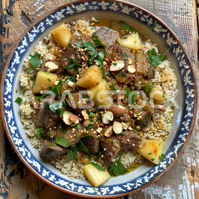 طبق من الكسكس مع الخضروات واللحم، وجبة ذات قيمة غذائية، مفهوم الولائم والعزائم، فنون التقديم في مطاعم ومطابخ المملكة العربية السعودية، أطباق من المأكولات العربية التقليدية الشعبية، وصفات طعام شهية صحية لذيذة