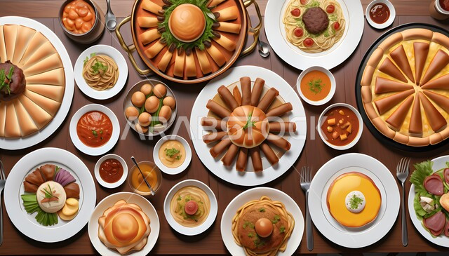 مائدة مليئة بالوجبات المتنوعة، سفرة من الأكلات الشعبية الشهية, أصناف الطعام و المقبلات التقليدية المشهورة, الأطباق العربية الشرقية اللذيذة, فنون تقديم وجبة العشاء في مطاعم المملكة العربية السعودية