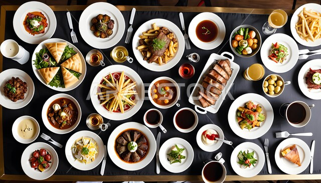مائدة مليئة بالوجبات المتنوعة، سفرة من الأكلات الشعبية الشهية, أصناف الطعام و المقبلات التقليدية المشهورة, الأطباق العربية الشرقية اللذيذة, فنون تقديم وجبة العشاء في مطاعم المملكة العربية السعودية