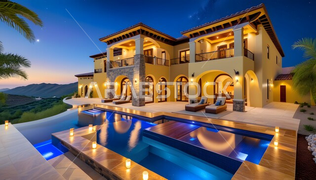 الفن الهندسي المعماري على الطراز الحديث للفلل والشقق السكنية والفنادق الفاخرة، التصميم الخارجي لفيلا مع حوض سباحة، تصاميم وديكورات عصرية فخمة، أماكن سياحية ترفيهية في المملكة العربية السعودية