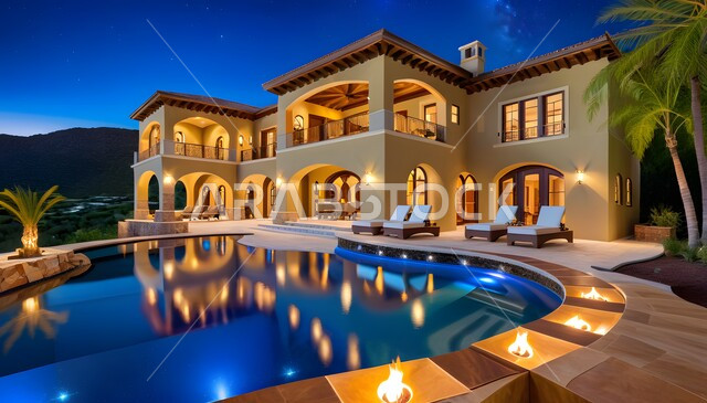 الفن الهندسي المعماري على الطراز الحديث للفلل والشقق السكنية والفنادق الفاخرة، التصميم الخارجي لفيلا مع حوض سباحة، تصاميم وديكورات عصرية فخمة، أماكن سياحية ترفيهية في المملكة العربية السعودية