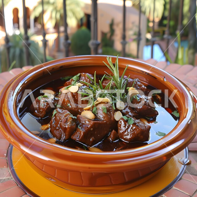 طاجن لحم بالمرق والتوابل والأعشاب الطازجة، أكلات عربية تقليدية شعبية, وجبات الأطعمة الصحية الشهية، مطاعم للمأكولات الشرقية في السعودية, وصفات وأطباق طعام لذيذة غنية بالنكهات