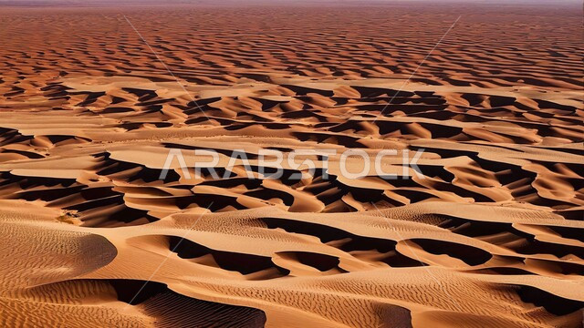 Landforms in the prairies, plateaus and hills of soft, golden sand, formations and sand formations in the desert of the Kingdom of Saudi Arabia, desert regions and the natural desert environment in daytime, nature background