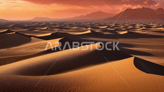 المرتفعات و التضاريس والقمم الجبلية في البراري، الهضاب و التلال من الرمال الناعمة الذهبية، التشكلات و التكوينات الرملية في صحراء المملكة العربية السعودية، مناطق البادية والبيئة الطبيعية الصحراوية في وقت الغروب, خلفية الطبيعة