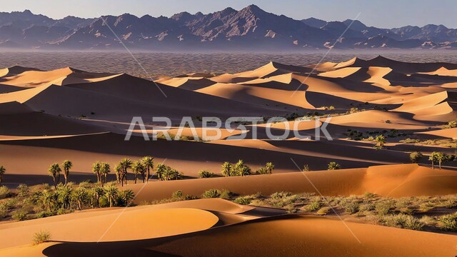 المرتفعات و التضاريس والقمم الجبلية في البراري، الهضاب و التلال من الرمال الناعمة الذهبية، التشكلات و التكوينات الرملية في صحراء المملكة العربية السعودية، مناطق البادية والبيئة الطبيعية الصحراوية في وقت الغروب, خلفية الطبيعة