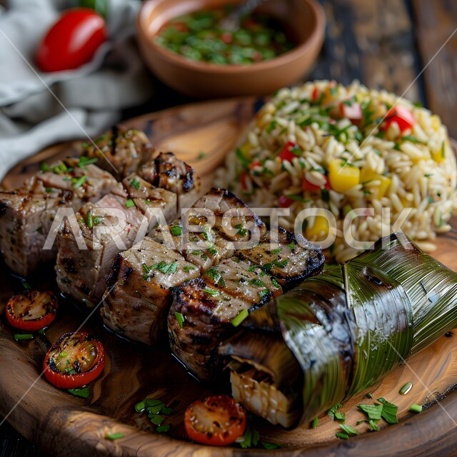 وجبة من اللحومات البقرية المشوية، قطع اللحم الملفوفة والمقدمة مع ورق الموز الأخضر، الأساليب الفنية الجديدة في التقديم بمطاعم المملكة العربية السعودية، مأكولات و وصفات عربية شرقية، أطعمة غنية بالنكهات والتوابل المختلفة