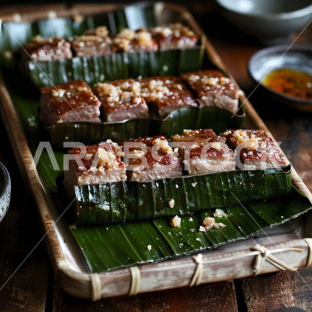 وجبة من اللحومات البقرية المشوية، قطع اللحم الملفوفة والمقدمة مع ورق الموز الأخضر، الأساليب الفنية الجديدة في التقديم بمطاعم المملكة العربية السعودية، مأكولات و وصفات عربية شرقية، أطعمة غنية بالنكهات والتوابل المختلفة