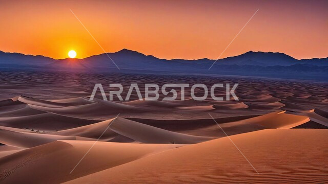 Plateaus and hills of soft golden sand, sand and rock formations and formations in the desert of the Kingdom of Saudi Arabia, terrain in the prairies, desert regions and the natural desert environment at sunset, nature background
