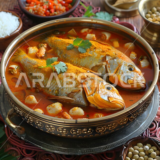 أسماك مطبوخة مع الخضروات والبهارات الغنية بالنكهات، طبق من قطع السمك المشوية مع الصلصة الحارة، المأكولات البحرية الشهية، وجبات وأطباق شعبية، وصفات الاطعمة التقليدية، فنون تقديم الطعام في مطاعم المملكة العربية السعودية
