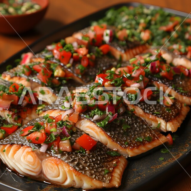 أسماك مطبوخة مع الخضروات والبهارات الغنية بالنكهات، طبق من قطع السمك المشوية مع الصلصة الحارة، المأكولات البحرية الشهية، وجبات وأطباق شعبية، وصفات الاطعمة التقليدية، فنون تقديم الطعام في مطاعم المملكة العربية السعودية