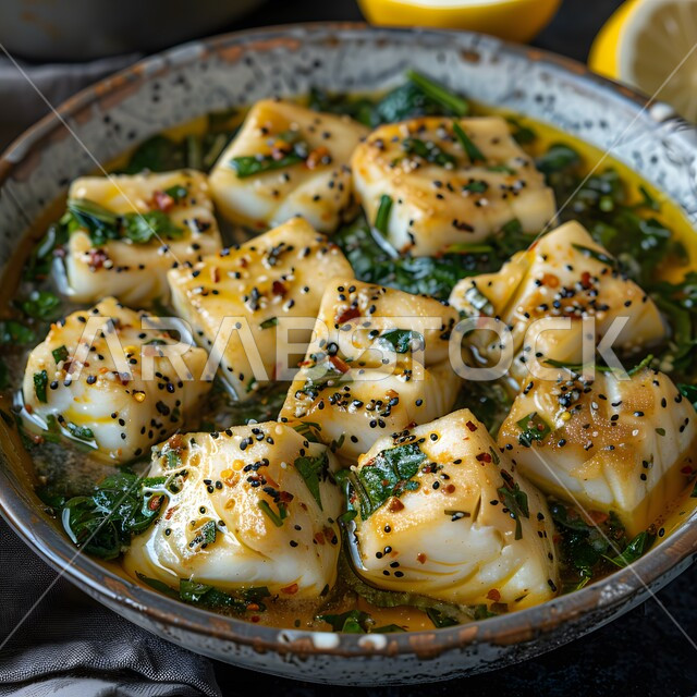 أسماك مطبوخة مع الخضروات والبهارات الغنية بالنكهات، طبق من قطع السمك المشوية مع الصلصة الحارة، المأكولات البحرية الشهية، وجبات وأطباق شعبية، وصفات الاطعمة التقليدية، فنون تقديم الطعام في مطاعم المملكة العربية السعودية