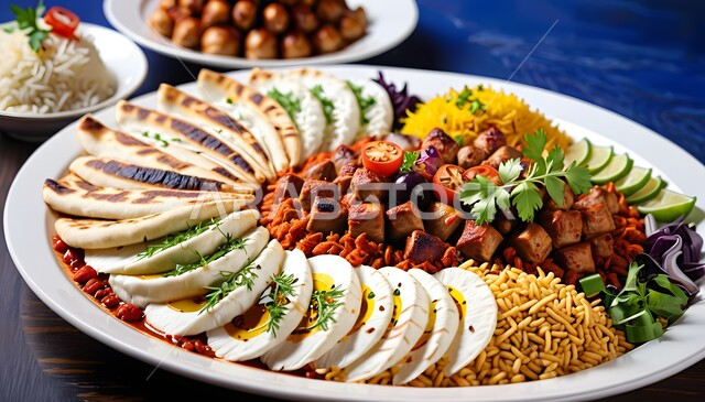 Fast Foods and Meals, A Plate of Rice, Eggs and Roasted Chicken with Vegetables, A Traditional Dinner, A Nutritious and Healthy Lunch Full of Benefits, The Art of Serving Satisfying Food Recipes