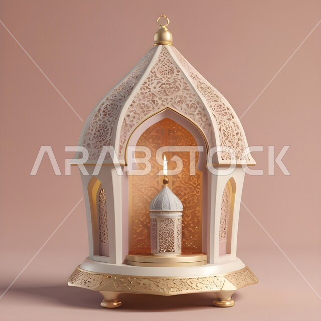 التقاليد والعادات العربية لزينة رمضان المبارك، اكسسوارات وديكورات وتحف المناسبات الدينية، الأجواء الروحانية الرمضانية، فانوس معدني مزخرف مضيئ، التهنئة بمناسبة الأعياد الإسلامية، البهجة بقدوم شهر الخير والبركة، خلفية بيج