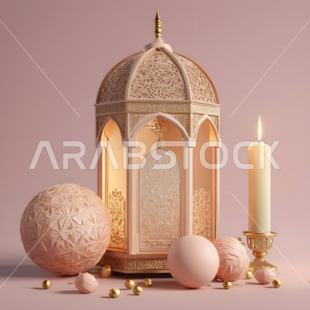 اكسسوارات وديكورات وتحف المناسبات الدينية، التقاليد والعادات العربية لزينة رمضان المبارك، الأجواء الروحانية الرمضانية، فانوس معدني مزخرف مضيئ، التهنئة بمناسبة الأعياد الإسلامية، البهجة بقدوم شهر الخير والبركة، خلفية بيج