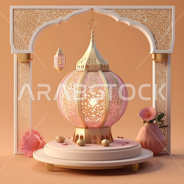ديكورات وتحف واكسسوارات المناسبات الدينية، التقاليد والعادات العربية لزينة رمضان المبارك، الأجواء الروحانية الرمضانية، فانوس معدني مزخرف مضيئ، التهنئة بمناسبة الأعياد الإسلامية، البهجة بقدوم شهر الخير والبركة، خلفية بيج
