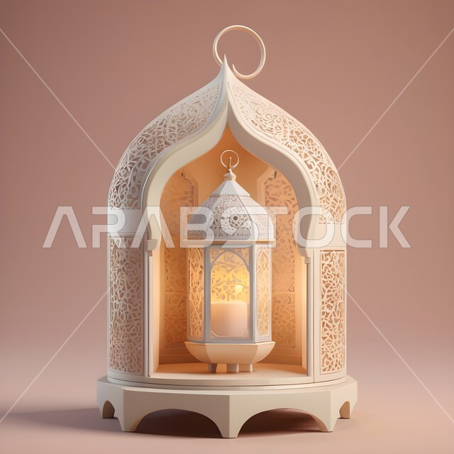 تحف وديكورات واكسسوارات المناسبات الدينية، التقاليد والعادات العربية لزينة رمضان المبارك، الأجواء الروحانية الرمضانية، فانوس معدني مزخرف مضيئ، التهنئة بمناسبة الأعياد الإسلامية، البهجة بقدوم شهر الخير والبركة، خلفية بيج