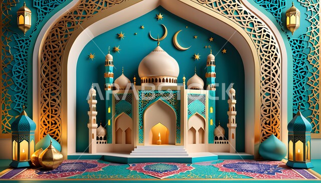 العبادة والتقرب إلى الله، نداء المسلمين لآداء الصلوات والفرائض، ديكورات وتصاميم رمضانية، الاستعداد لقدوم شهر رمضان المبارك, فوانيس ذهبية مضيئة, زخارف وتحف المناسبات الدينية, الفن الهندسي على الطراز العربي الاسلامي