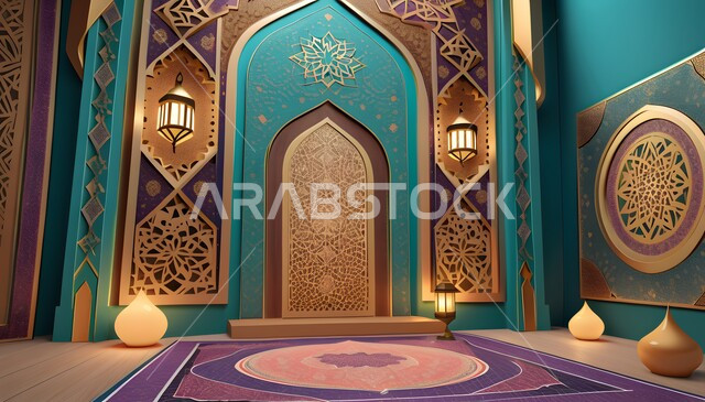 العبادة والتقرب إلى الله، نداء المسلمين لآداء الصلوات والفرائض، ديكورات وتصاميم رمضانية، الاستعداد لقدوم شهر رمضان المبارك, فوانيس ذهبية مضيئة, زخارف وتحف المناسبات الدينية, الفن الهندسي على الطراز العربي الاسلامي