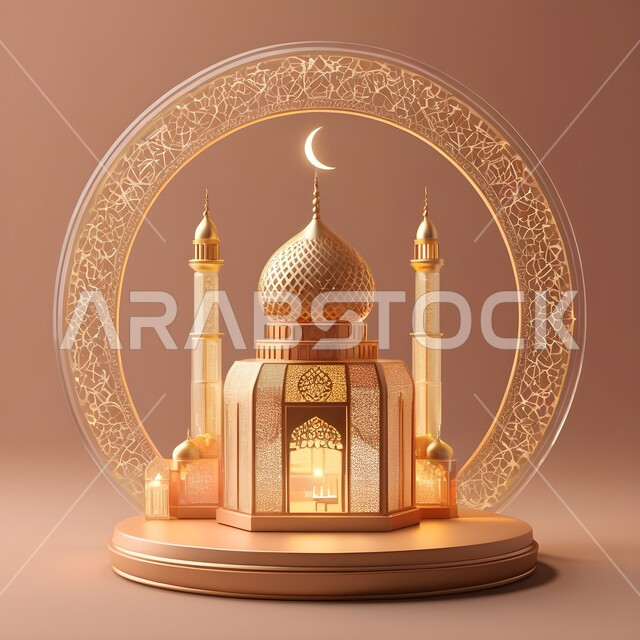 البهجة بقدوم شهر الخير والبركة، التهنئة بمناسبة الأعياد الإسلامية، مجسم مسجد معدني مزخرف مضيئ، الأجواء الروحانية الرمضانية، التقاليد والعادات العربية لزينة رمضان المبارك، تحف وديكورات واكسسوارات المناسبات الدينية، خلفية بيج