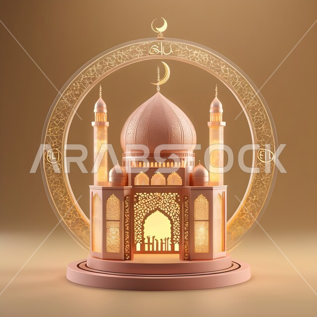 Congratulations on the occasion of Islamic holidays, illuminated decorative metal mosque model, Ramadan spiritual atmosphere, Arab traditions and customs for Ramadan decorations, religious occasion antiques, decorations and accessories, joy of the coming of the month of goodness and blessings, beige background