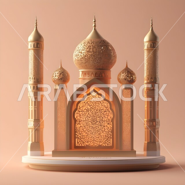 مجسم مسجد معدني مزخرف مضيئ، الأجواء الروحانية الرمضانية، التقاليد والعادات العربية لزينة رمضان المبارك، تحف وديكورات واكسسوارات المناسبات الدينية، البهجة بقدوم شهر الخير والبركة، التهنئة بمناسبة الأعياد الإسلامية، خلفية بيج