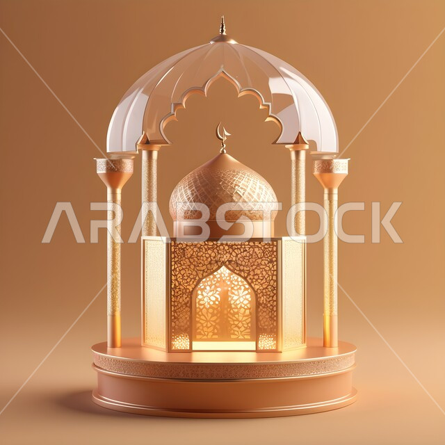 الأجواء الروحانية الرمضانية، التقاليد والعادات العربية لزينة رمضان المبارك، تحف وديكورات واكسسوارات المناسبات الدينية، البهجة بقدوم شهر الخير والبركة، التهنئة بمناسبة الأعياد الإسلامية، مجسم مسجد معدني مزخرف مضيئ، خلفية بيج