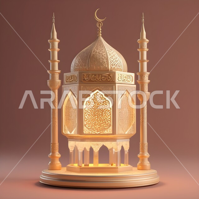 التقاليد والعادات العربية لزينة رمضان المبارك، تحف وديكورات واكسسوارات المناسبات الدينية، البهجة بقدوم شهر الخير والبركة، التهنئة بمناسبة الأعياد الإسلامية، مجسم مسجد معدني مزخرف مضيئ، الأجواء الروحانية الرمضانية، خلفية بيج