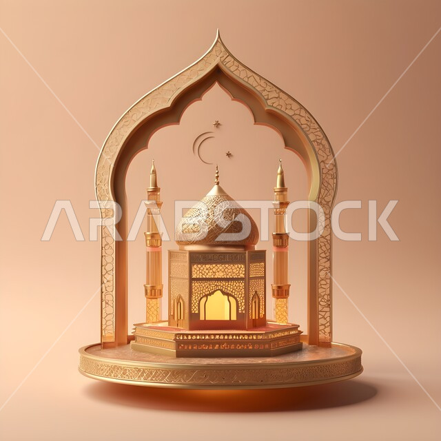 العادات والتقاليد العربية لزينة رمضان المبارك، تحف وديكورات واكسسوارات المناسبات الدينية، البهجة بقدوم شهر الخير والبركة، التهنئة بمناسبة الأعياد الإسلامية، مجسم مسجد معدني مزخرف مضيئ، الأجواء الروحانية الرمضانية، خلفية بيج