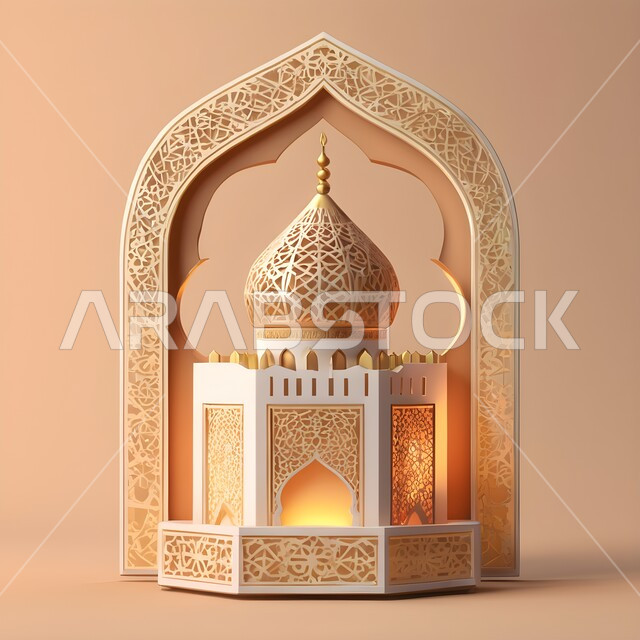تحف وديكورات واكسسوارات المناسبات الدينية، البهجة بقدوم شهر الخير والبركة، التهنئة بمناسبة الأعياد الإسلامية، مجسم مسجد معدني مزخرف مضيئ، الأجواء الروحانية الرمضانية، العادات والتقاليد العربية لزينة رمضان المبارك، خلفية بيج