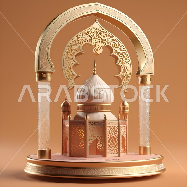ديكورات واكسسوارات وتحف المناسبات الدينية، البهجة بقدوم شهر الخير والبركة، التهنئة بمناسبة الأعياد الإسلامية، مجسم مسجد معدني مزخرف مضيئ، الأجواء الروحانية الرمضانية، العادات والتقاليد العربية لزينة رمضان المبارك، خلفية بيج