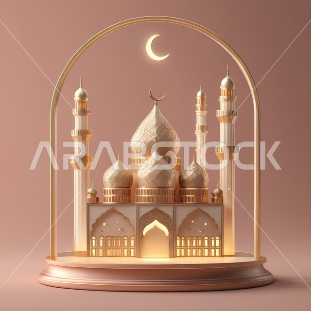 اكسسوارات وديكورات وتحف المناسبات الدينية، البهجة بقدوم شهر الخير والبركة، التهنئة بمناسبة الأعياد الإسلامية، مجسم مسجد معدني مزخرف مضيئ، الأجواء الروحانية الرمضانية، العادات والتقاليد العربية لزينة رمضان المبارك، خلفية بيج