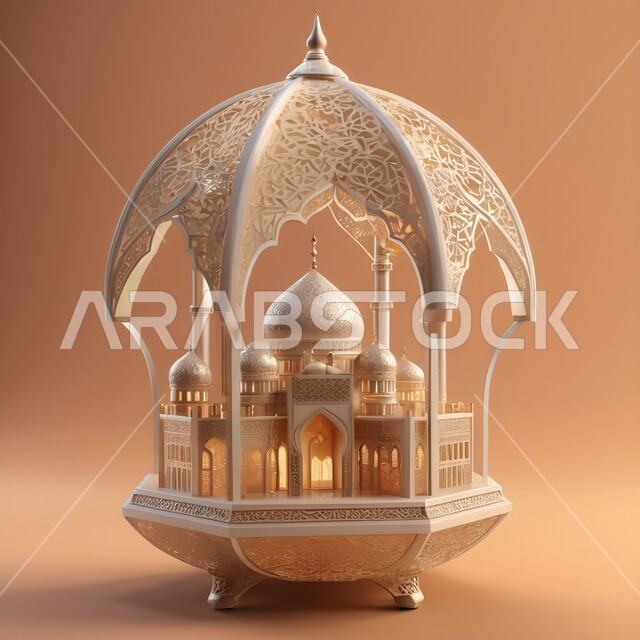 البهجة بقدوم شهر الخير والبركة، التهنئة بمناسبة الأعياد الإسلامية، مجسم مسجد معدني مزخرف مضيئ، الأجواء الروحانية الرمضانية، العادات والتقاليد العربية لزينة رمضان المبارك، اكسسوارات وديكورات وتحف المناسبات الدينية، خلفية بيج